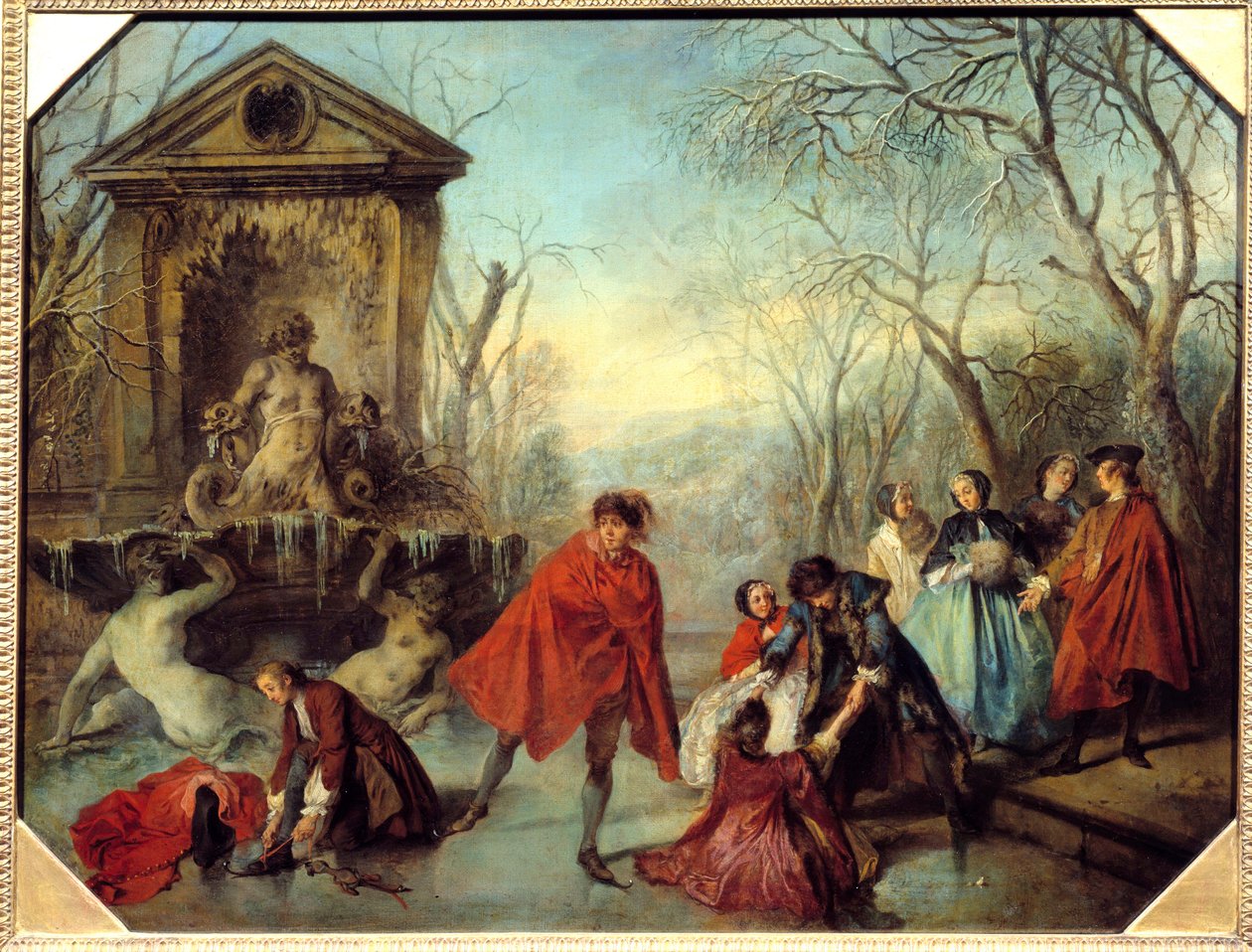 Téli korcsolyázás egy gele tavon. Nicolas Lancret (1690-1743) festménye 1738 V. 0,69x0,89 m alkotó: Nicolas Lancret