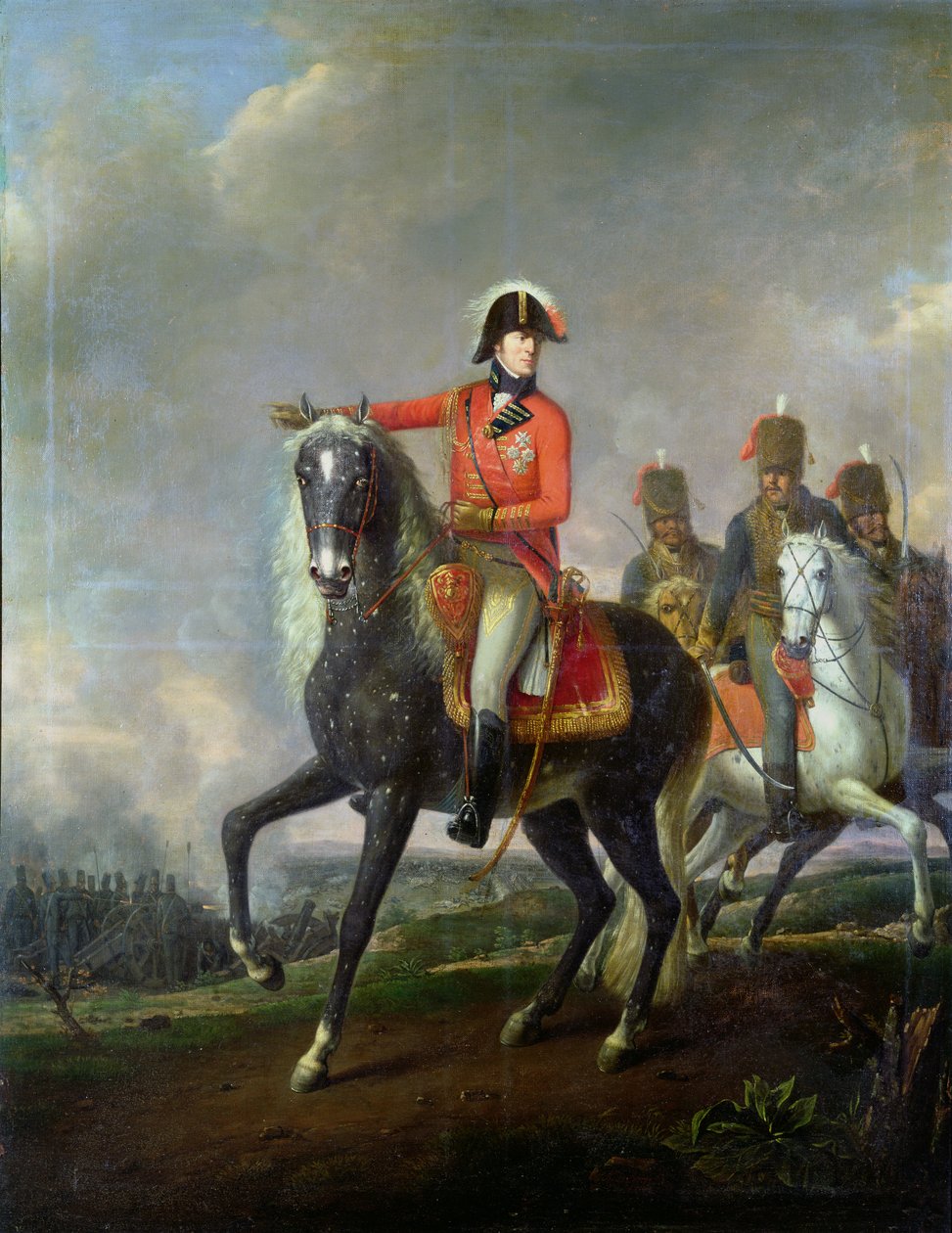 Wellington hercegének lovas portréja brit huszárokkal a csatatéren, 1814 alkotó: Nicolas Louis Albert Delerive