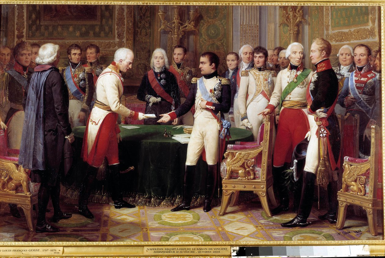 Erfurti interjú, 1808. szeptember 27. - október 14.: I. Napóleon fogadja Vincent bárót, osztrák diplomatát, akit az osztrák császár küldött. A két szereplő között középen a Talleyrand Perigord-i Charles Maurice-t (1754-1838) láthatjuk. Fájdalom alkotó: Nicolas Louis Francois Gosse
