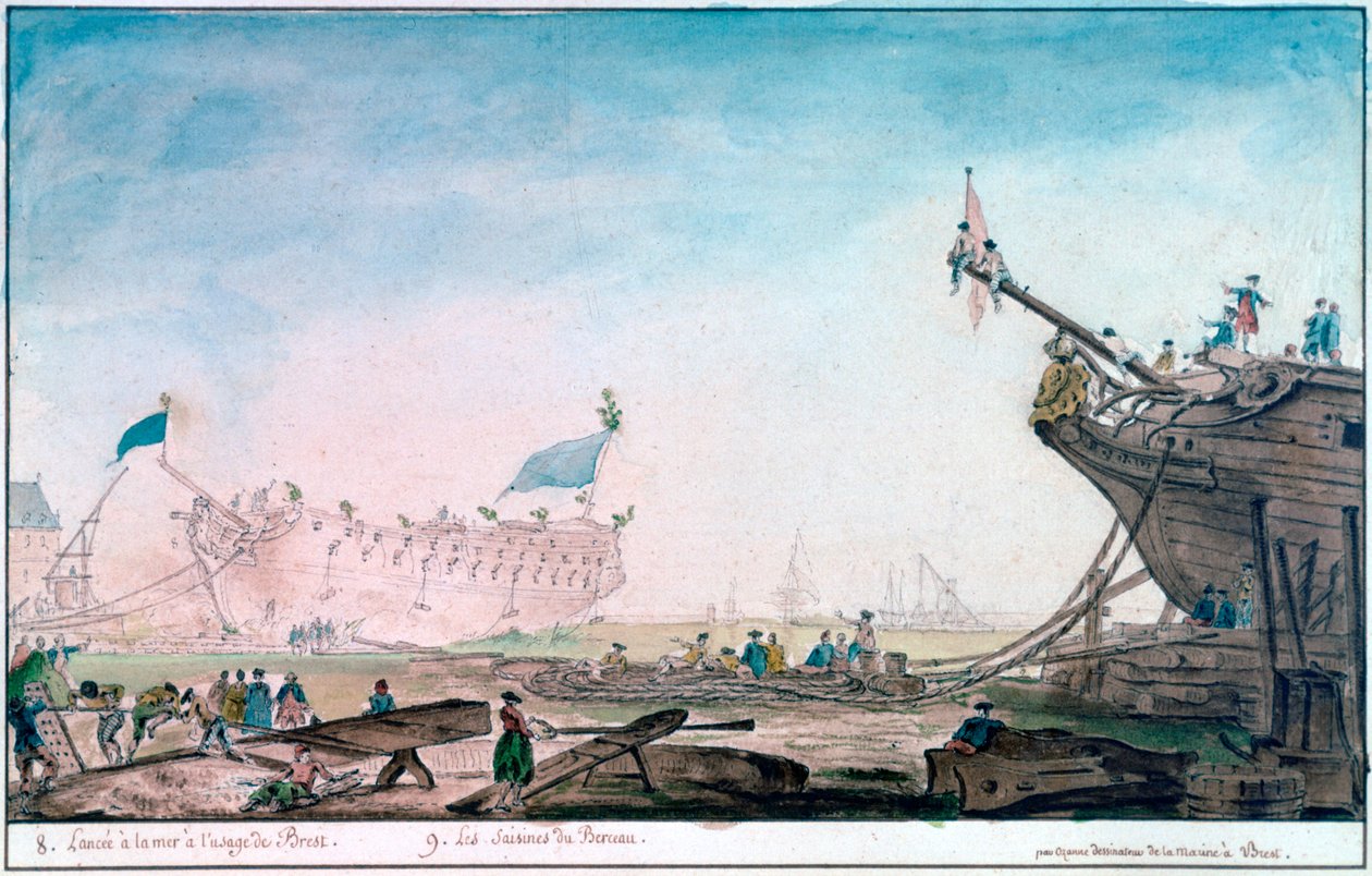 Hajó vízre bocsátása Brestben, 1750-1810 alkotó: Nicolas Marie Ozanne