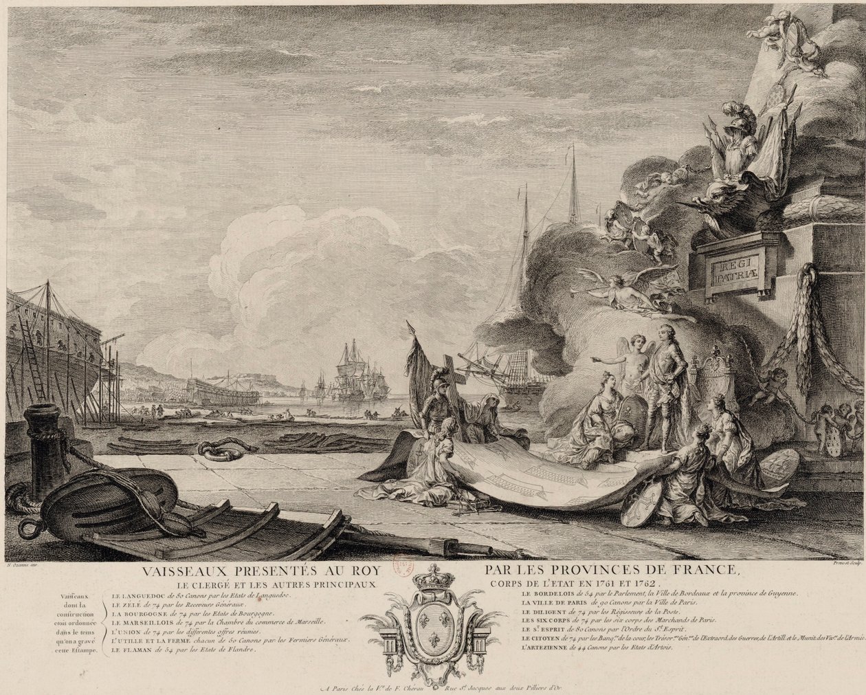 Allegorikus metszet a hajók ajándékozásáról 1762 körül alkotó: Nicolas Ozanne