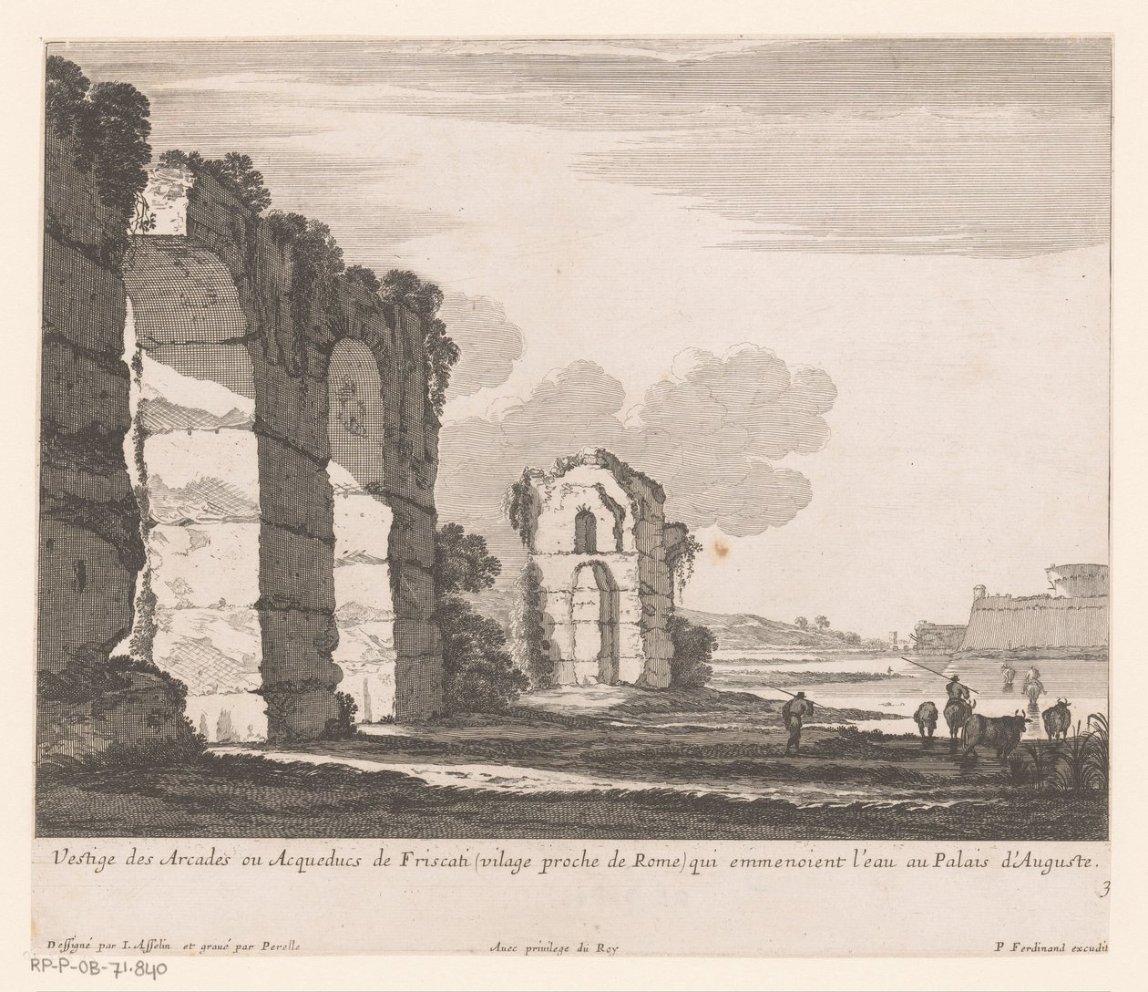 Táj romokkal és tehénpásztorokkal Vestige des Arcades ou Aqueducs de Friscati (...) (cím a tárgyon) alkotó: Nicolas Perelle