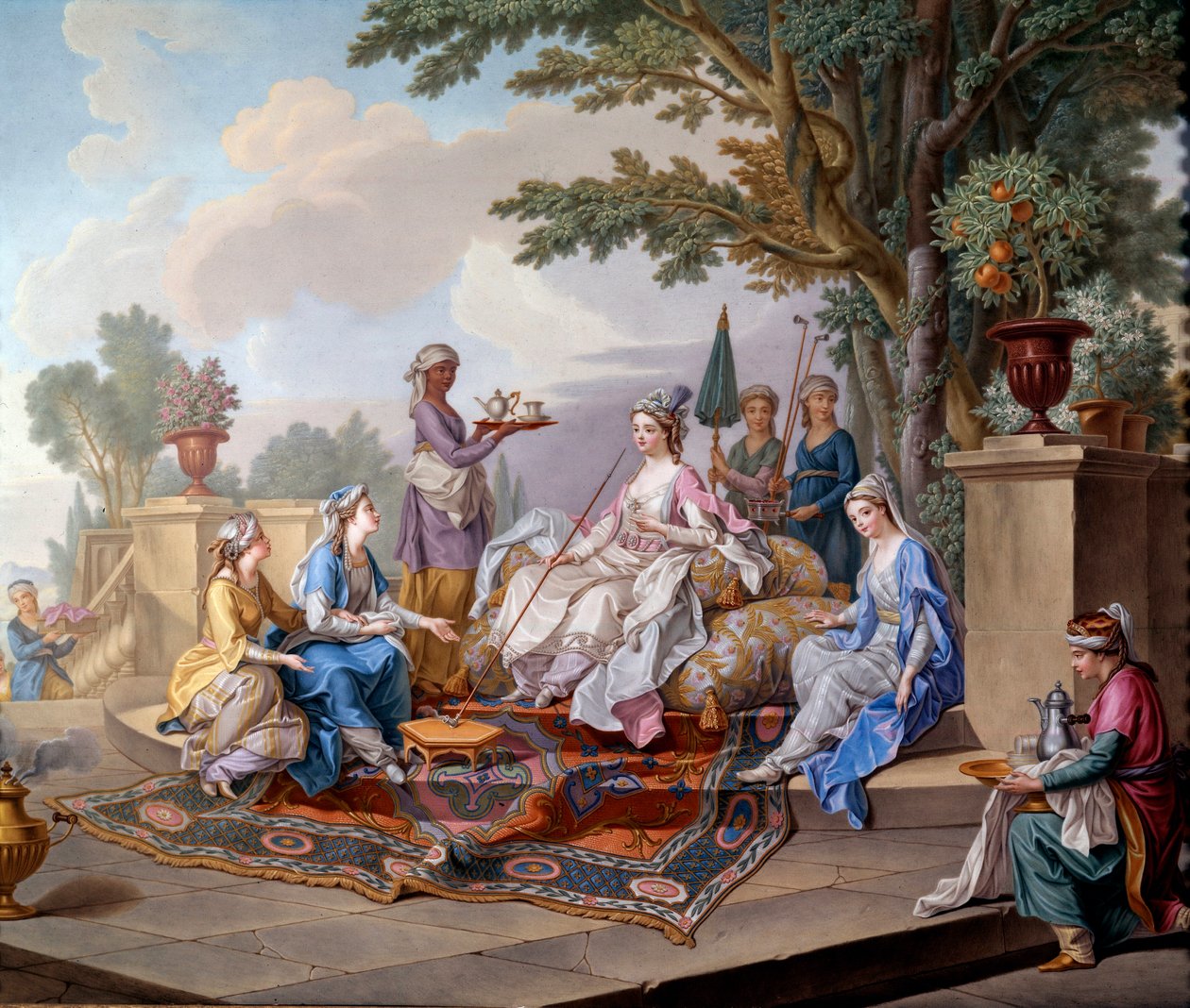 A szultán ebédje. Nicolas Pierre Pithou Le Jeune lágy porcelán festménye (18. század) 1783 Dim. 0,39x0,49 m Sevres, kerámia idézet - A szultána reggelije. Lágypaszta porcelánfestmény Nicolas Pierre Pithou Fiatalabbtól (XVIII. sz alkotó: Nicolas Pierre the Younger Pithou