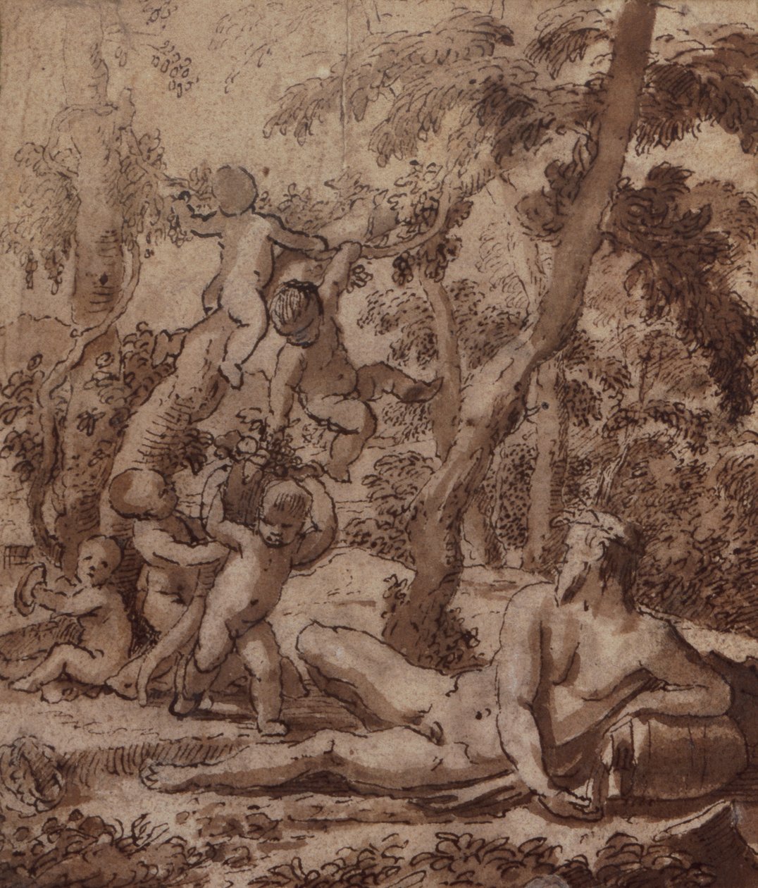 Erdős táj folyóistennel és Puttival (toll és tinta) alkotó: Nicolas Poussin