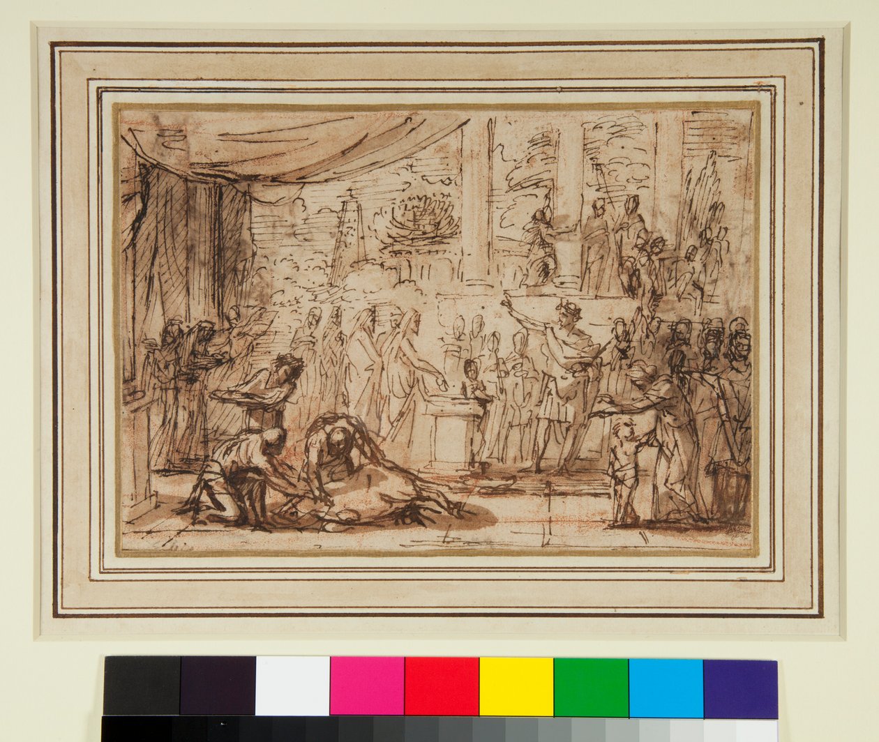 Antik áldozat a templomban (toll és barna tinta és barna mosás vörös krétán) alkotó: Nicolas Poussin