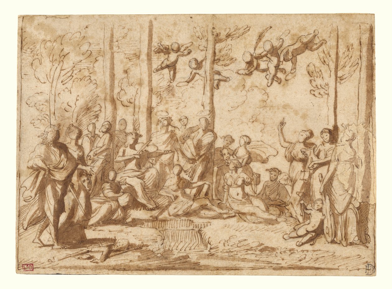 Apolló és a múzsák a Parnasszus hegyén alkotó: Nicolas Poussin