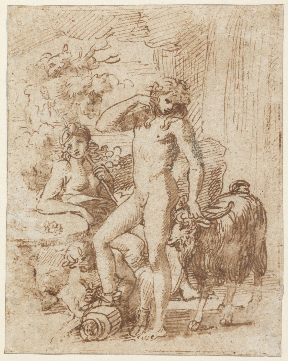 Bacchus és Erigone (toll és tinta mosással papíron) alkotó: Nicolas Poussin
