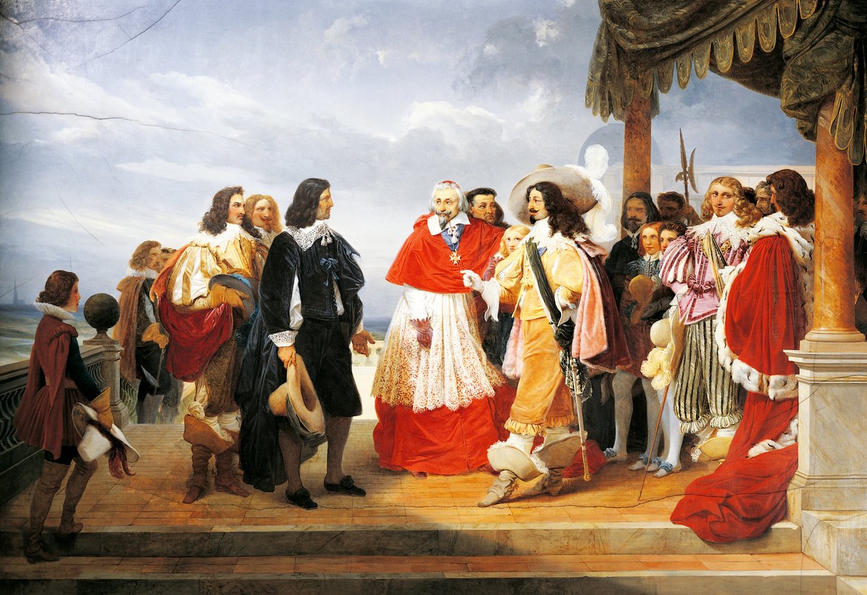 Richelieu bíboros bemutatja Poussint XIII. Lajosnak 1640-ben, részlet Jean Alaux (1786-1864) 1832-es festményéből, Franciaország alkotó: Nicolas Poussin
