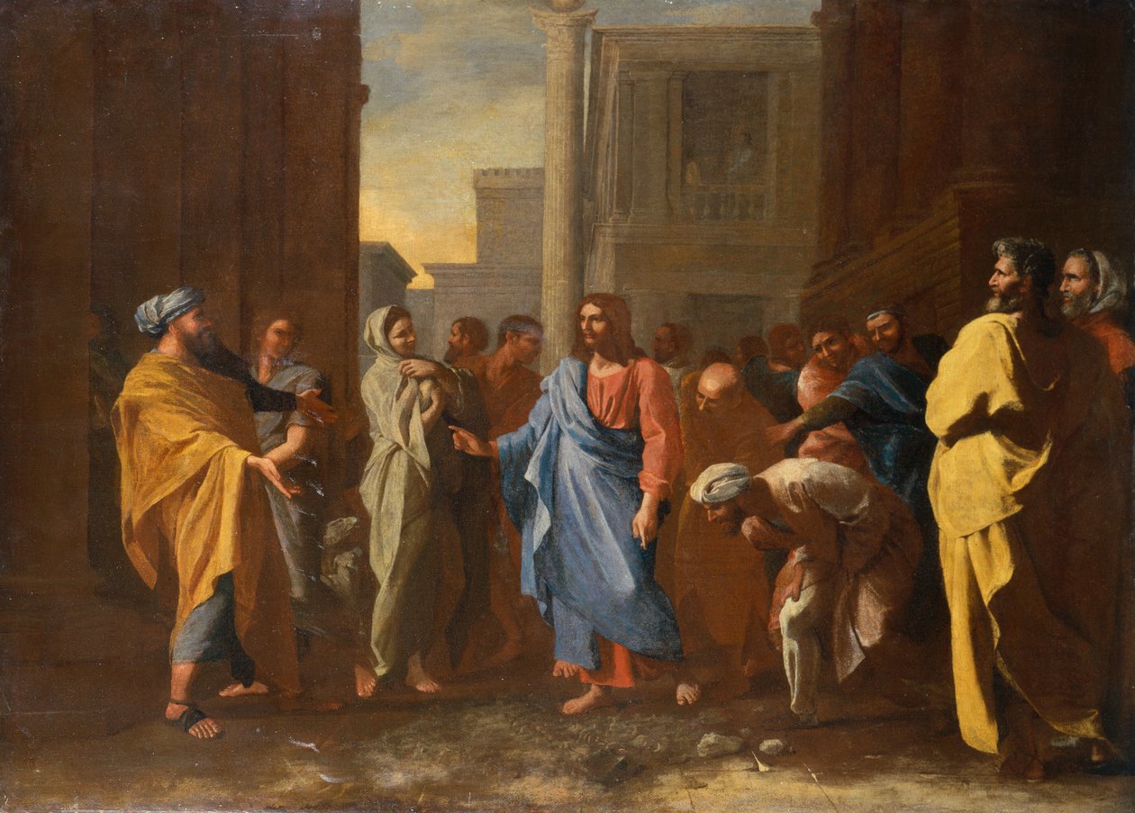 Krisztus és a házasságtörő asszony (olaj) alkotó: Nicolas Poussin