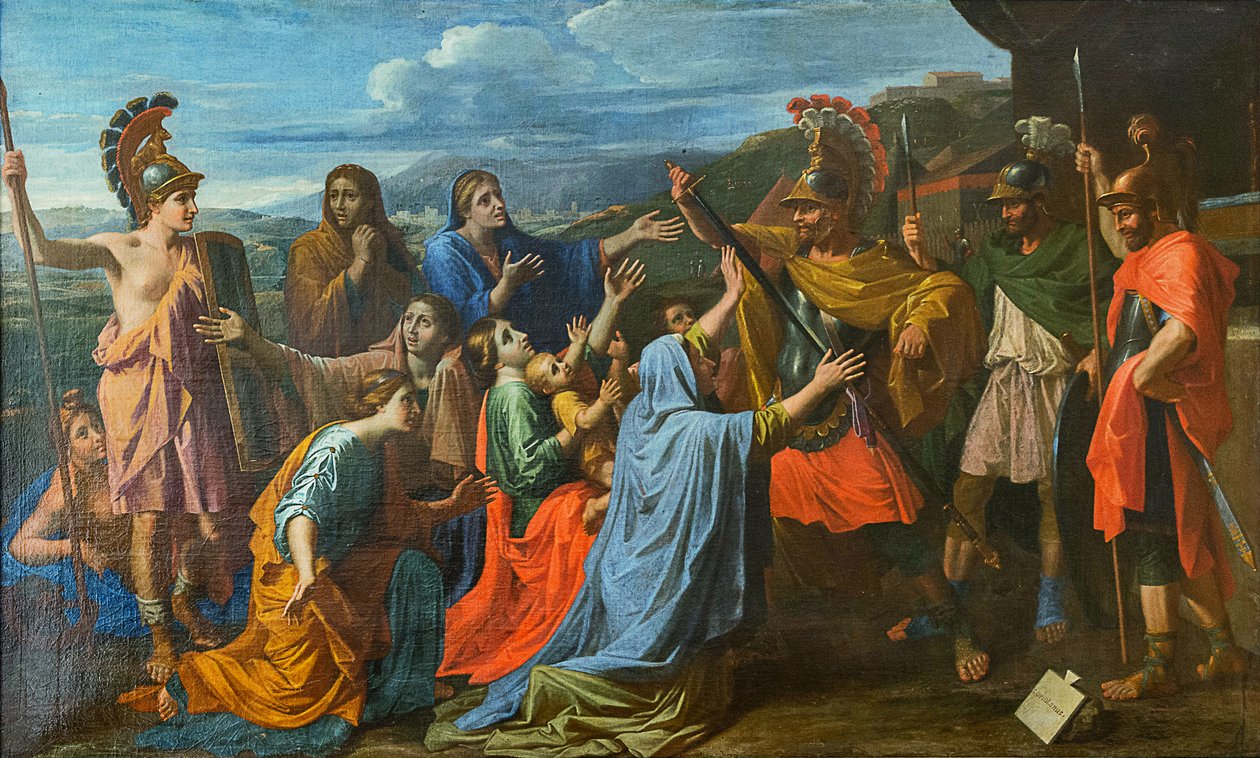 Coriolanust családja rávette, hogy kímélje meg Róma Veturiát Coriolanus lábánál, 1652 körül. alkotó: Nicolas Poussin