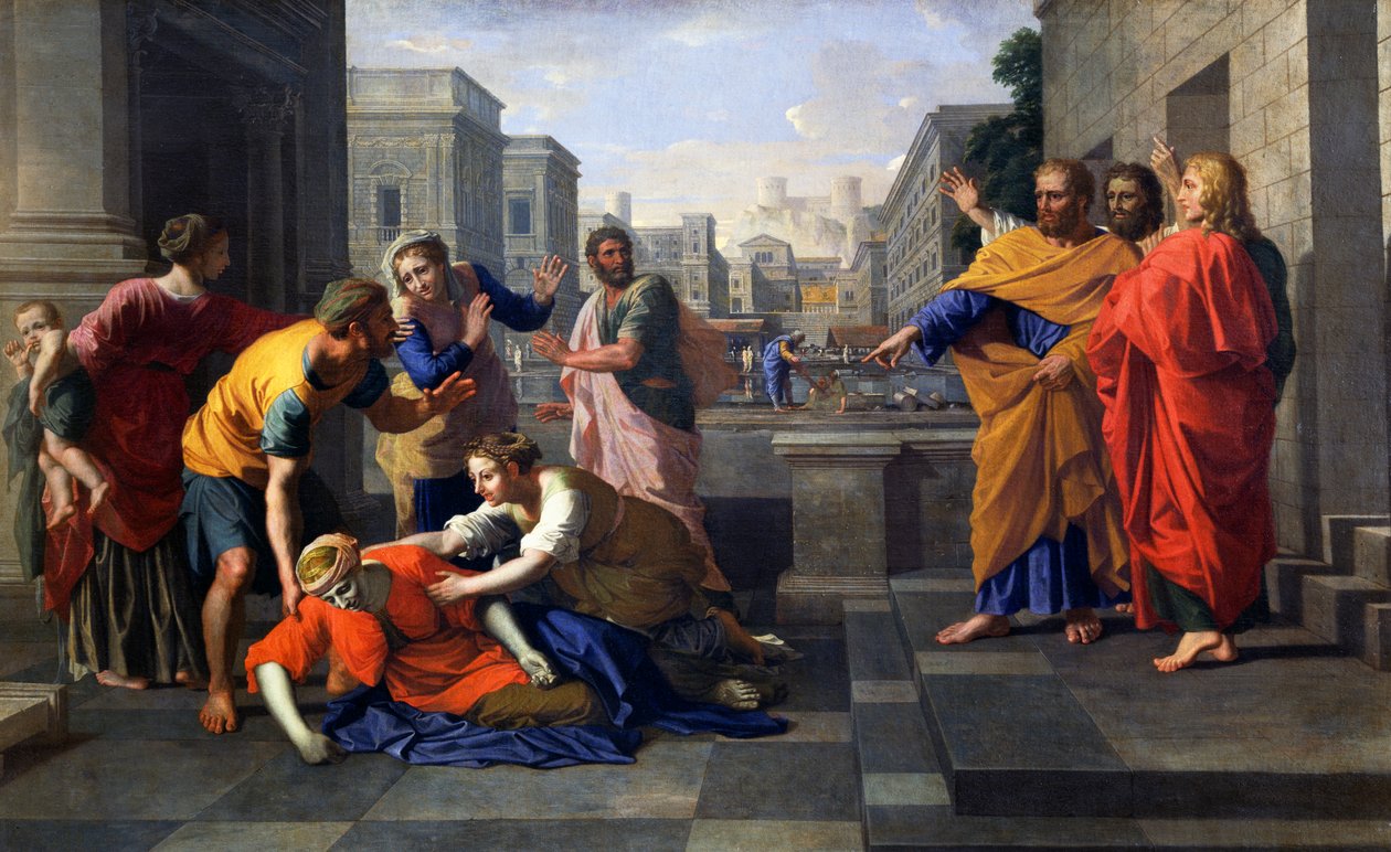Sapphira, Anániás felesége, aki égve esett el Szent Péter lábai előtt, 1652 körül (olaj, vászon) alkotó: Nicolas Poussin