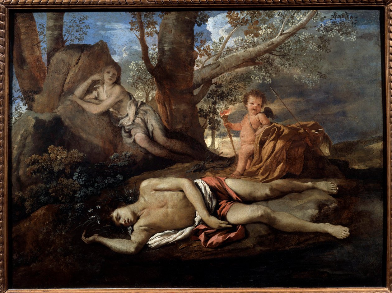 Visszhang és nárcisz illusztráció a legendához, amely Ovidiust inspirálta Nicolas Poussin (1594-1665) festménye „" Les Metamorphoses" című festményében, 17. századi nap. 0,74x1 m Párizs, alkotó: Nicolas Poussin