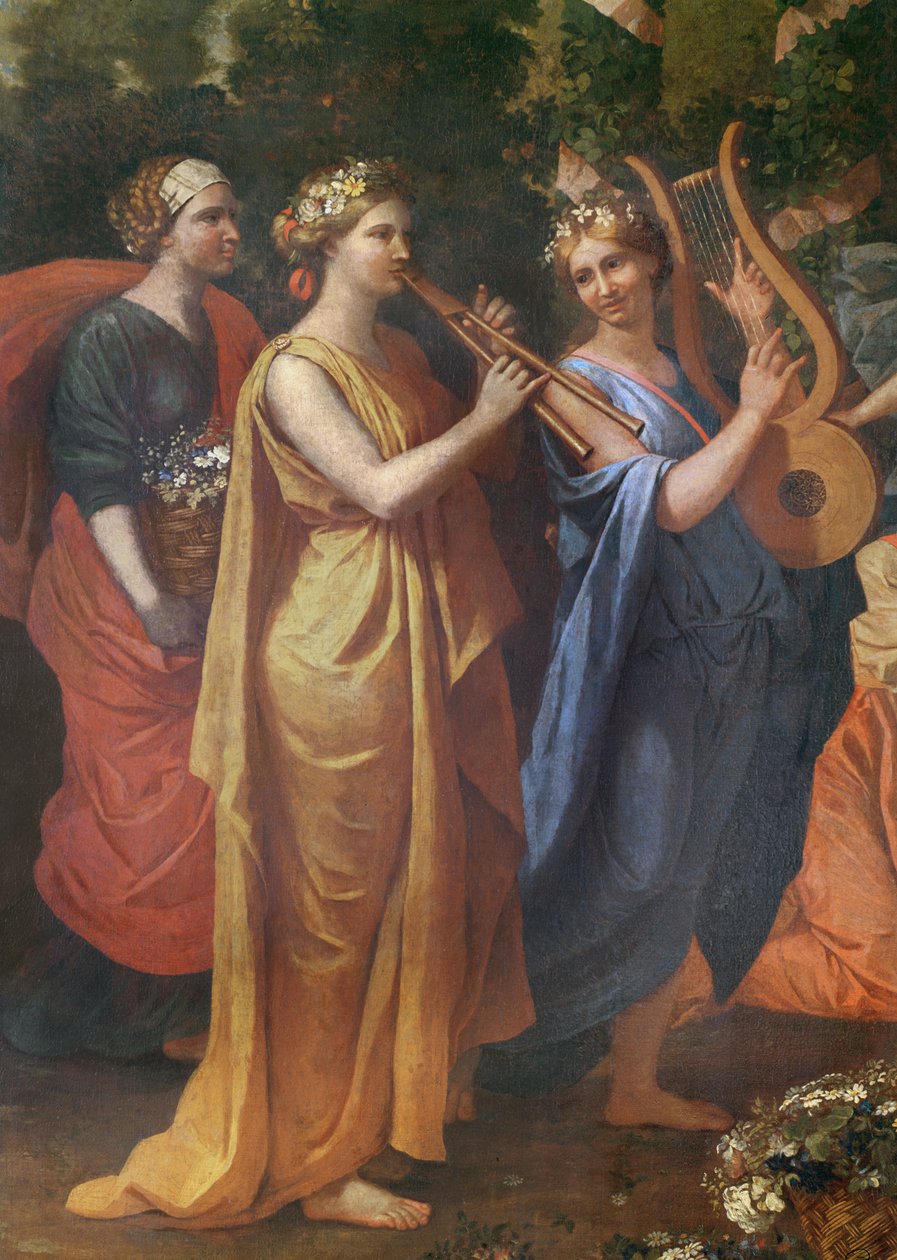Hymenaios nőnek álcázott Priapusnak való felajánlás során, részlet a zenészekről, 1634-38 körül alkotó: Nicolas Poussin