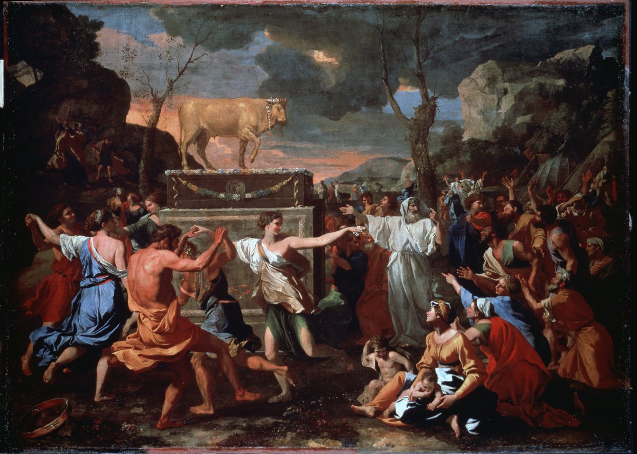 Az Aranyborjú imádata. A héber nép az aranyborjú bálványa körül táncol. Nicolas Poussin (1594-1665) festménye alkotó: Nicolas Poussin
