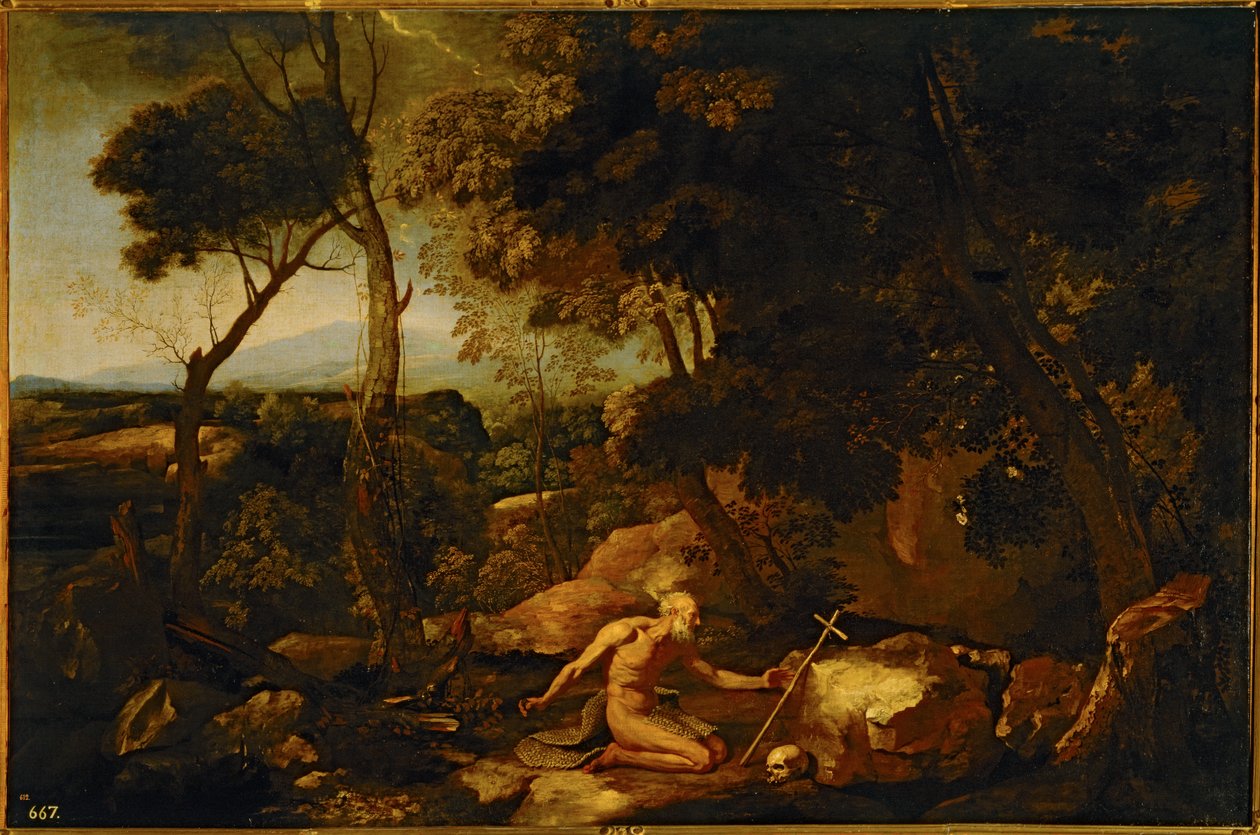 Tájkép Szent Jeromossal ... (festmény, vászon) alkotó: Nicolas Poussin