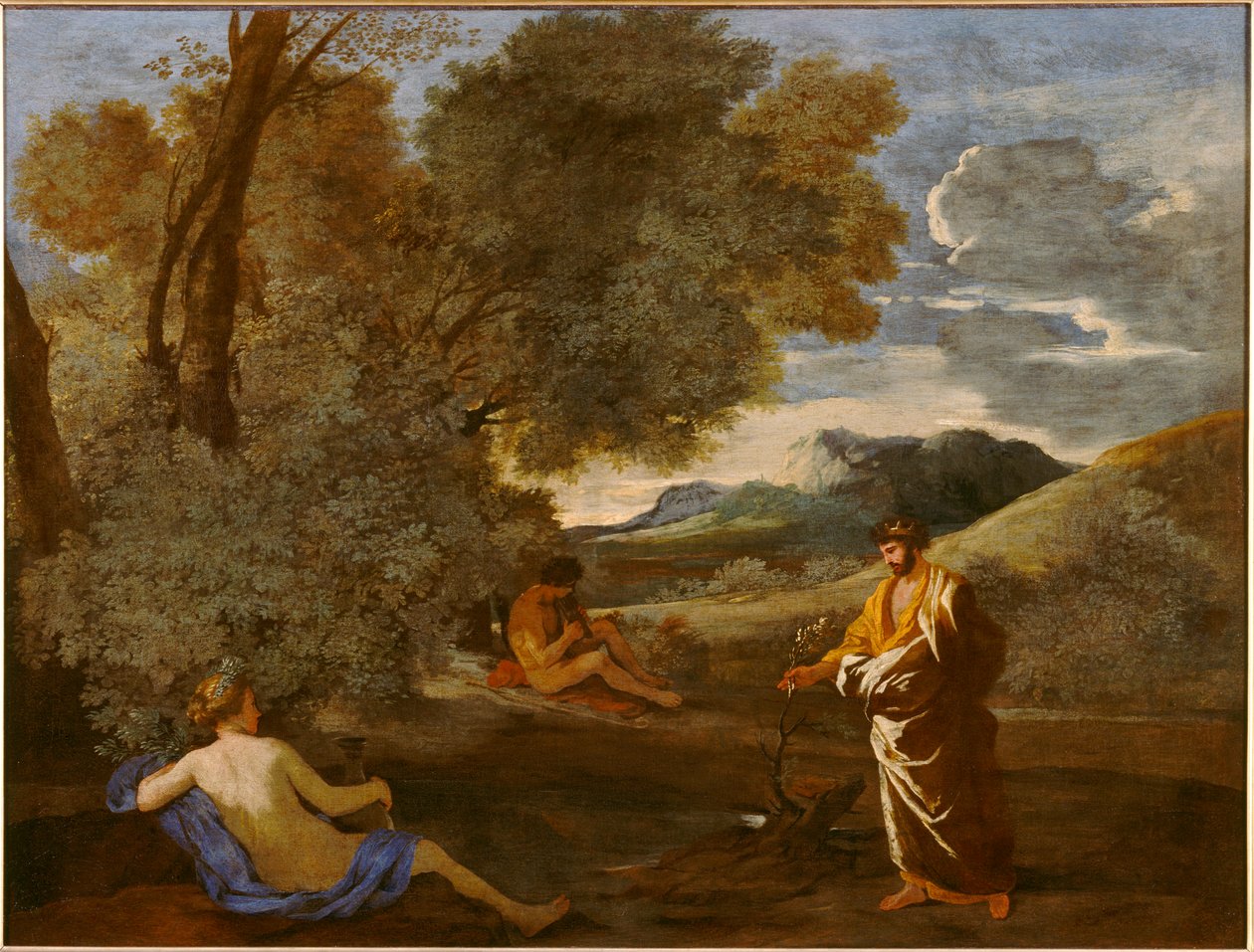 Midas a szemöldök ágát arannyá alakítja, korábban Numa Pompilius és Egeria nimfa alkotó: Nicolas Poussin