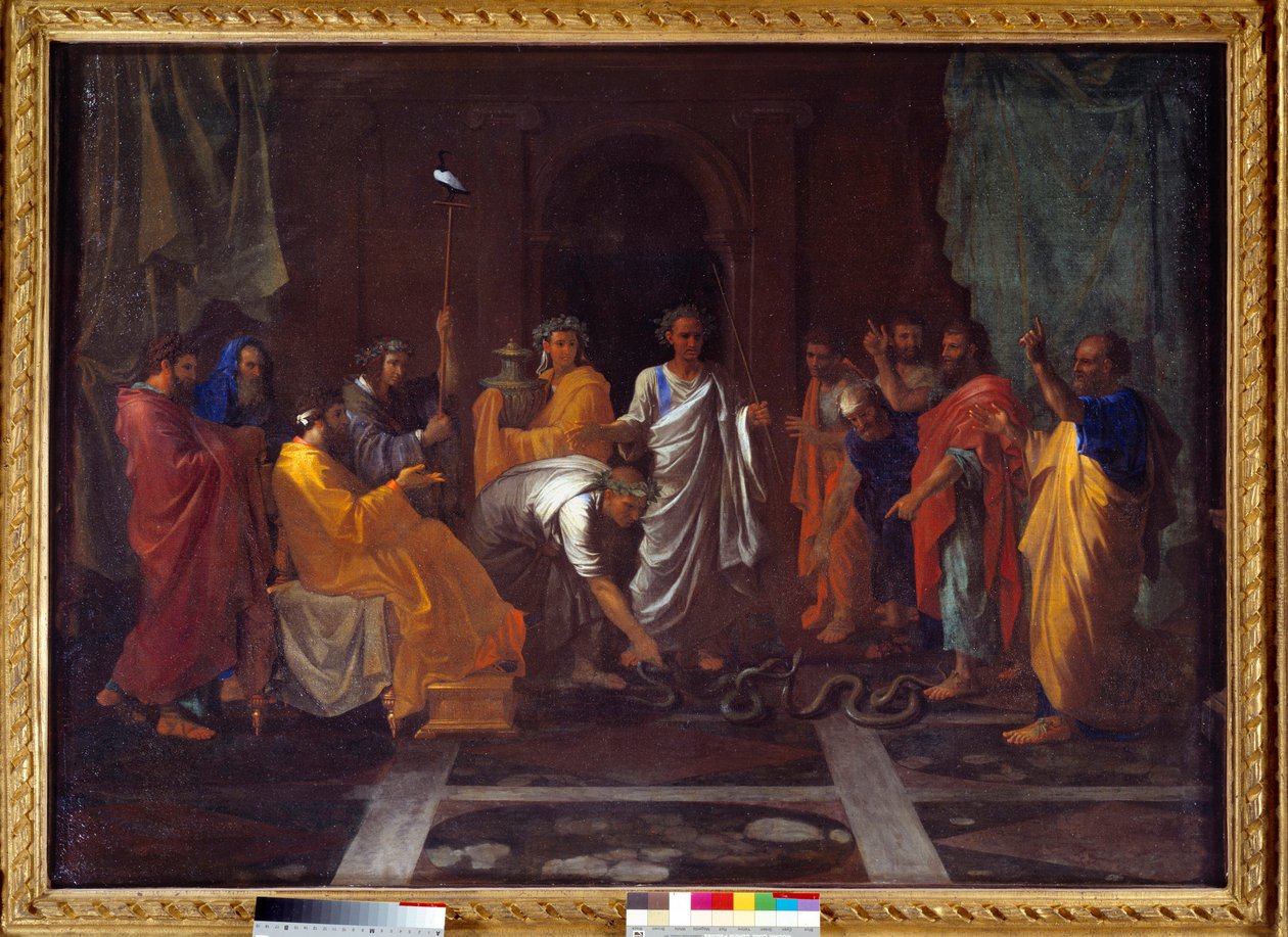 Mózes kígyóvá változtatja Áron botját. Nicolas Poussin festménye alkotó: Nicolas Poussin
