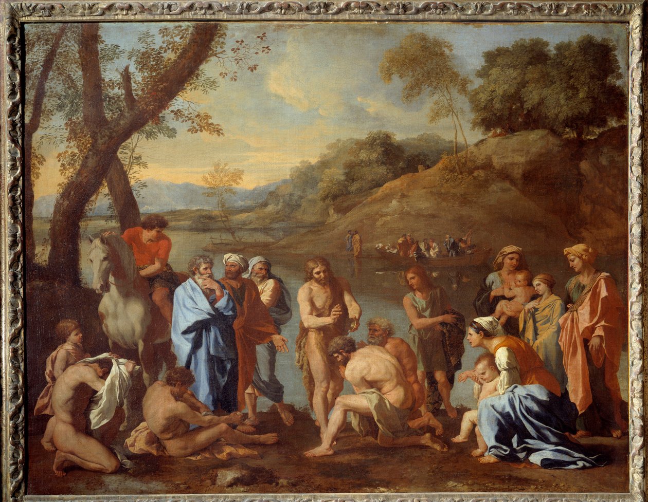 Szent János megkereszteli az embereket. Keresztelő Szent János egy folyó mellett áldotta meg az embereket. Nicolas Poussin festménye alkotó: Nicolas Poussin
