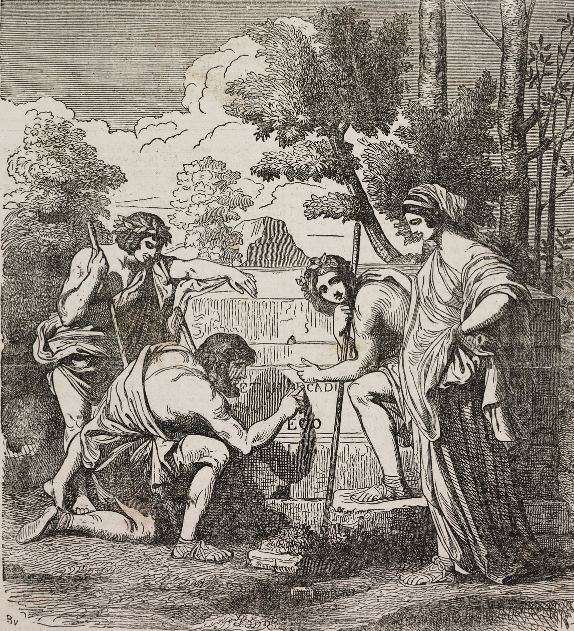 Arcadia pásztorai, Nicolas Poussin festménye után, illusztráció a Universal Theatre enciklopédikus és szcenográfiai gyűjteményéből, 512. szám, május 4. alkotó: Nicolas Poussin