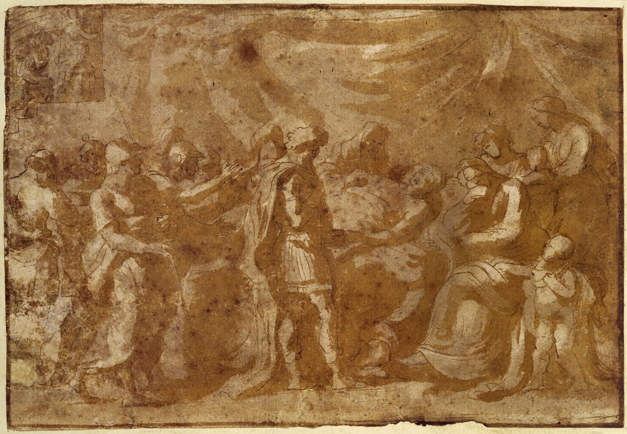 Tanulmány Germanicus haláláról (toll és tinta papíron) alkotó: Nicolas Poussin