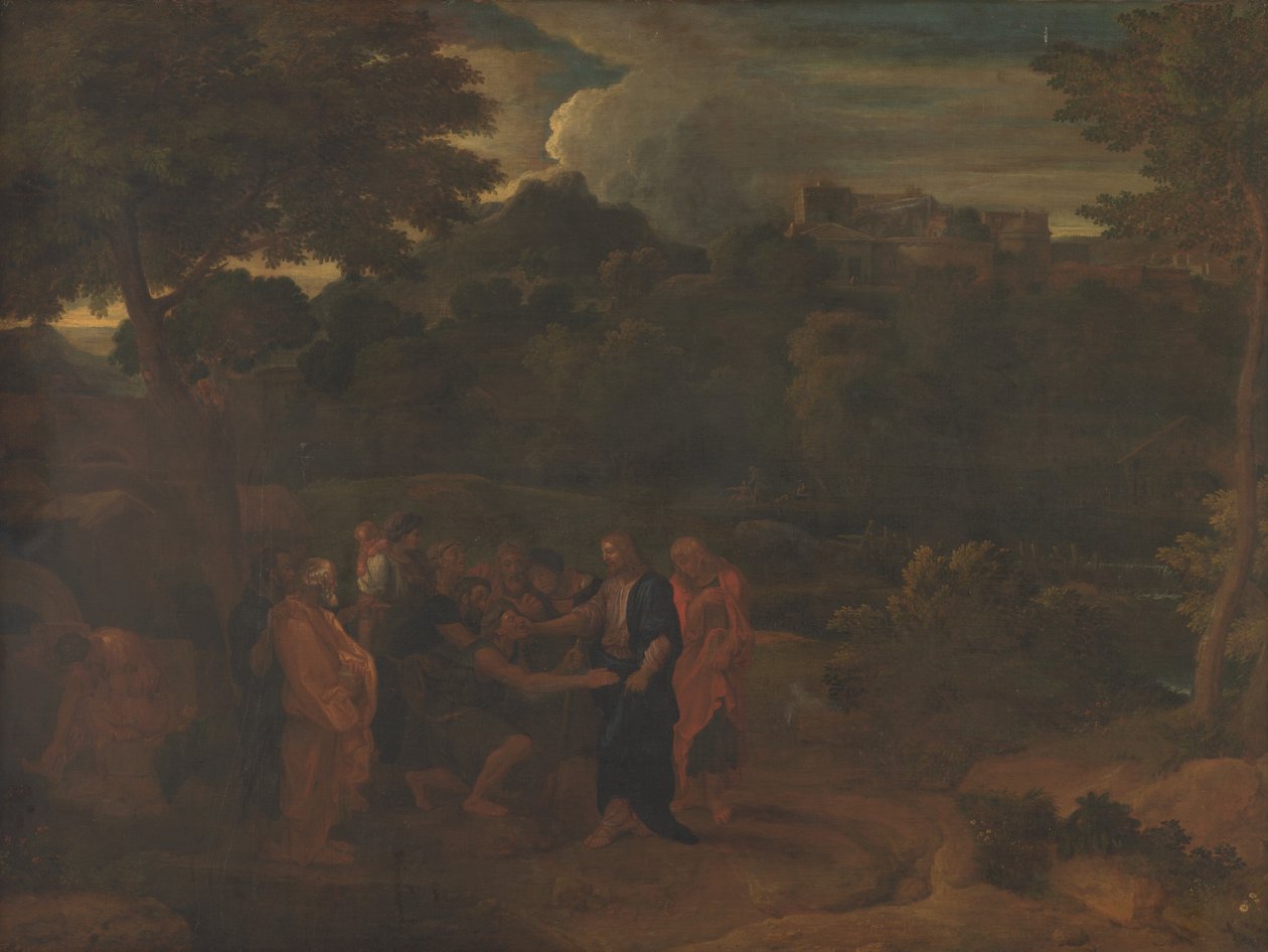 A két vak gyógyulása Jerikóban alkotó: Nicolas Poussin