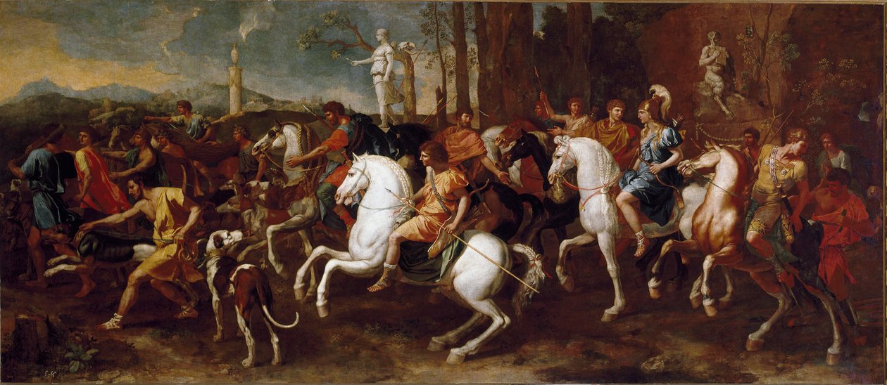 A Meleager vadászata. A görög mitológia hősei, amelyek a calydoni vaddisznó vadászata során híresek. Nicolas Poussin festménye alkotó: Nicolas Poussin