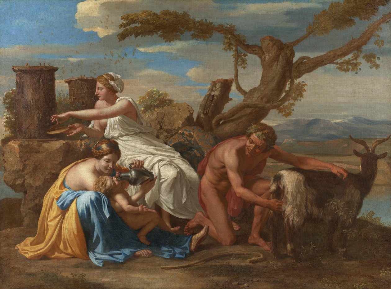 A kecske Amalthéia által táplált gyermek Jupiter alkotó: Nicolas Poussin