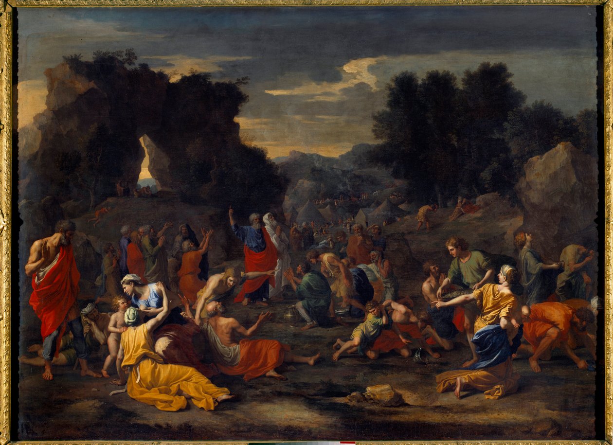 Az izraeliták mannát (mannát) gyűjtenek a sivatagban. Nicolas Poussin (1594-1665) festménye alkotó: Nicolas Poussin