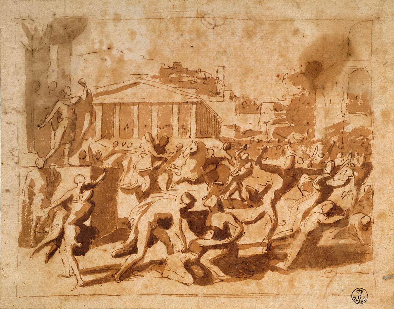 A szabin nők megerőszakolása (toll és tintamosás papíron) alkotó: Nicolas Poussin