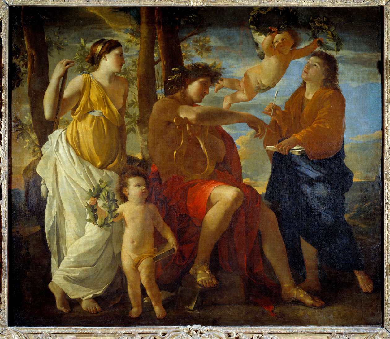 Az Un poete költő inspirációját, babérkorona kezében és fejdíszében lírát múzsák és putti veszik körül. Nicolas Poussin festménye alkotó: Nicolas Poussin