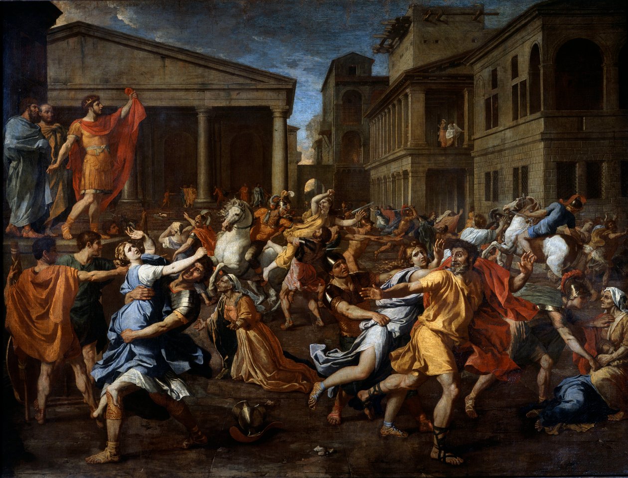 A szabinok eltávolítása a rómaiak által. A bal oldali Romulus figyeli a jelenetet. Nicolas Poussin festménye alkotó: Nicolas Poussin
