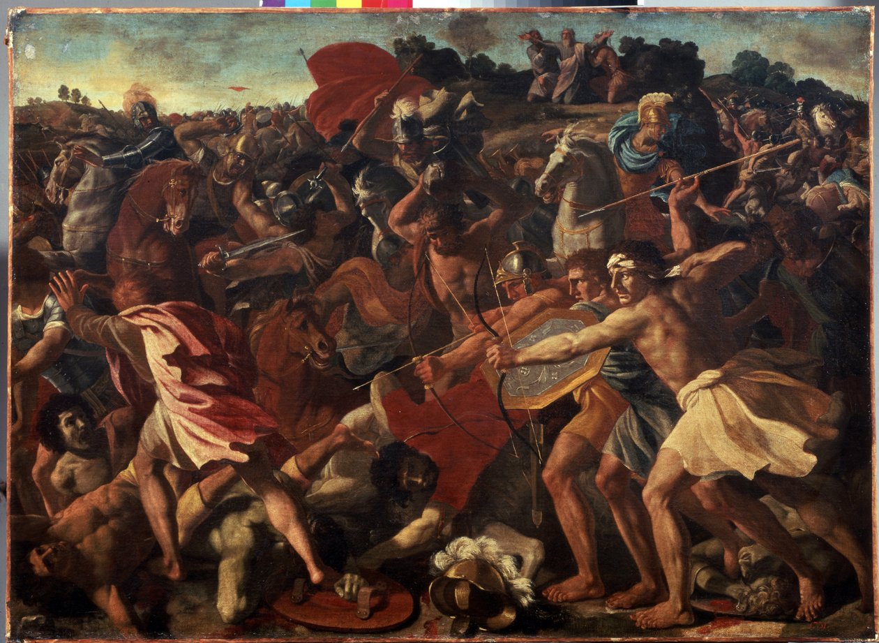 "Józsué győzelme az amaleciták felett" az izraeliták és az amalekiták közötti csata során - Nicolas Poussin (1594-1665) festménye, 1624-1625 körül. Olajfestmény. Francia művészet, barokk stílus. M alkotó: Nicolas Poussin