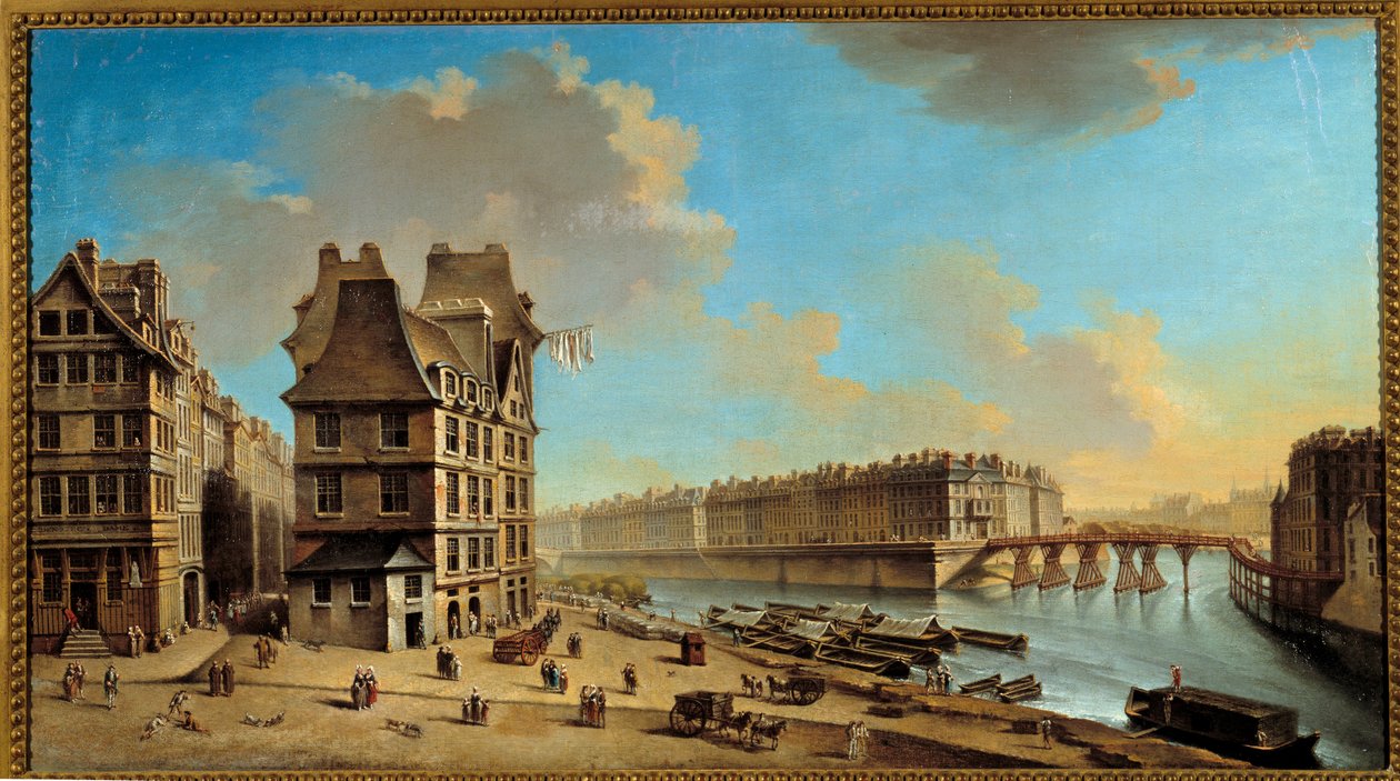 Quai de la Greve, Île Saint Louis és Pont Rouge a Place de Greve-ről Nicolas Raguenet festménye (1715-1793) 18. századi nap. 0,46x0,84 m Párizs, Musee Carnavalet - A Quai de la Greve, az Ile Saint-Louis és a Pont Rouge, ahonnan nézve alkotó: Nicolas Raguenet