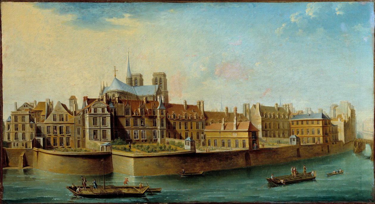 Kilátás az Ile de la Cite-re a Cathedrale Notre Dame apszisával és a Quai aux Fleurs-szel a párizsi Ile Saint Louisból Nicolas Raguenet (1715-1793) festménye 1753 V. 0,46x0,84 m Párizs, Musee Carnavalet - Kilátás az Ile de la Cite-re az apsokkal alkotó: Nicolas Raguenet