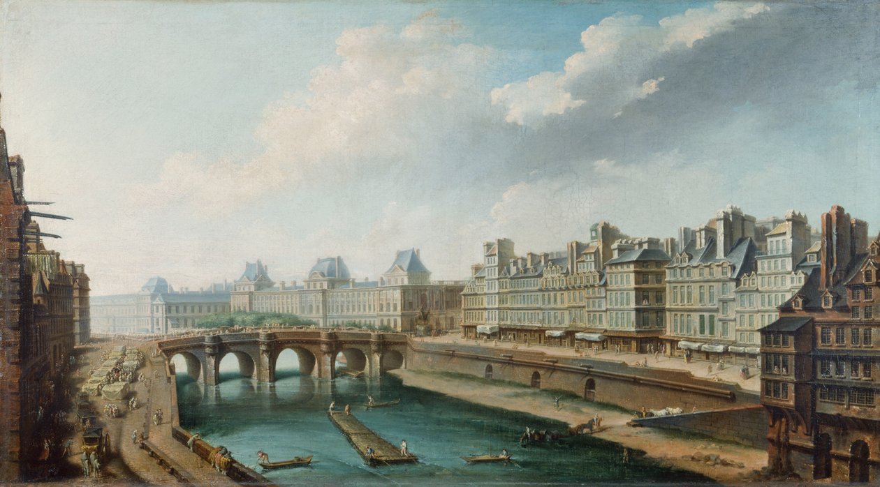 Kilátás a Louvre-palotára, a Pont Neuf-ra és a Quai des Orfevres-re a Quai des Grands Augustins felől nézve, 1760 körül (olaj, vászon) alkotó: Nicolas Raguenet