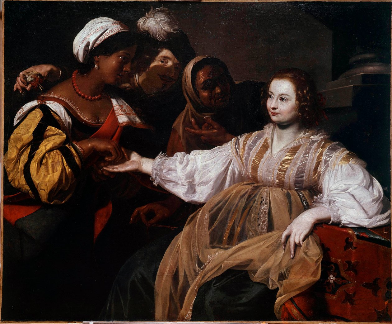 A jósnő Egy nő jött, hogy konzultáljon egy tenyérjósnővel. Nicolas Regnier (1591-1667) festménye V. 1,2x1,5 m alkotó: Nicolas Regnier
