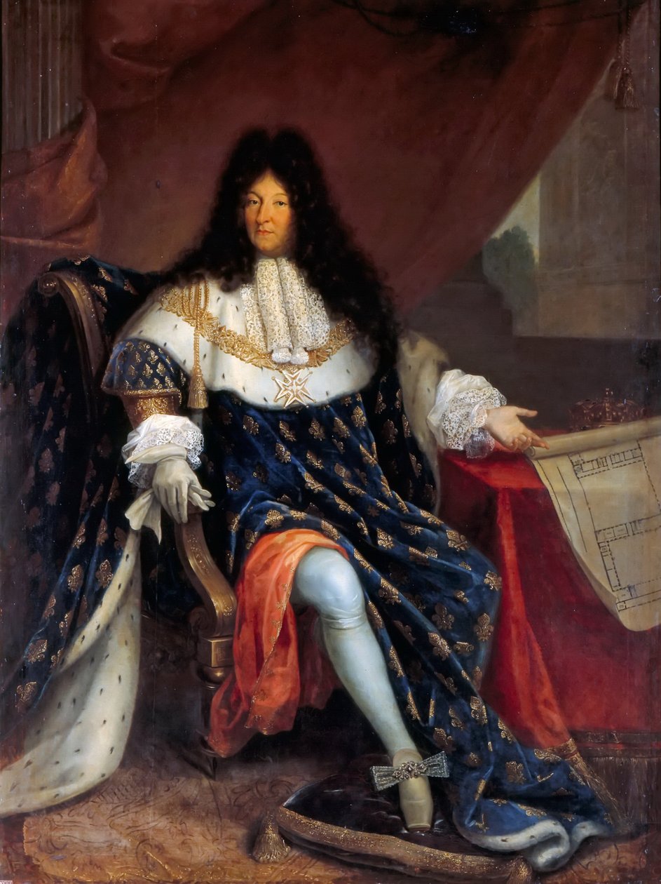 XIV. Lajos portréja, aki a Saint-Cyr-i Maison Royale de Saint-Louis tervét tartja alkotó: Nicolas Rene Jollain