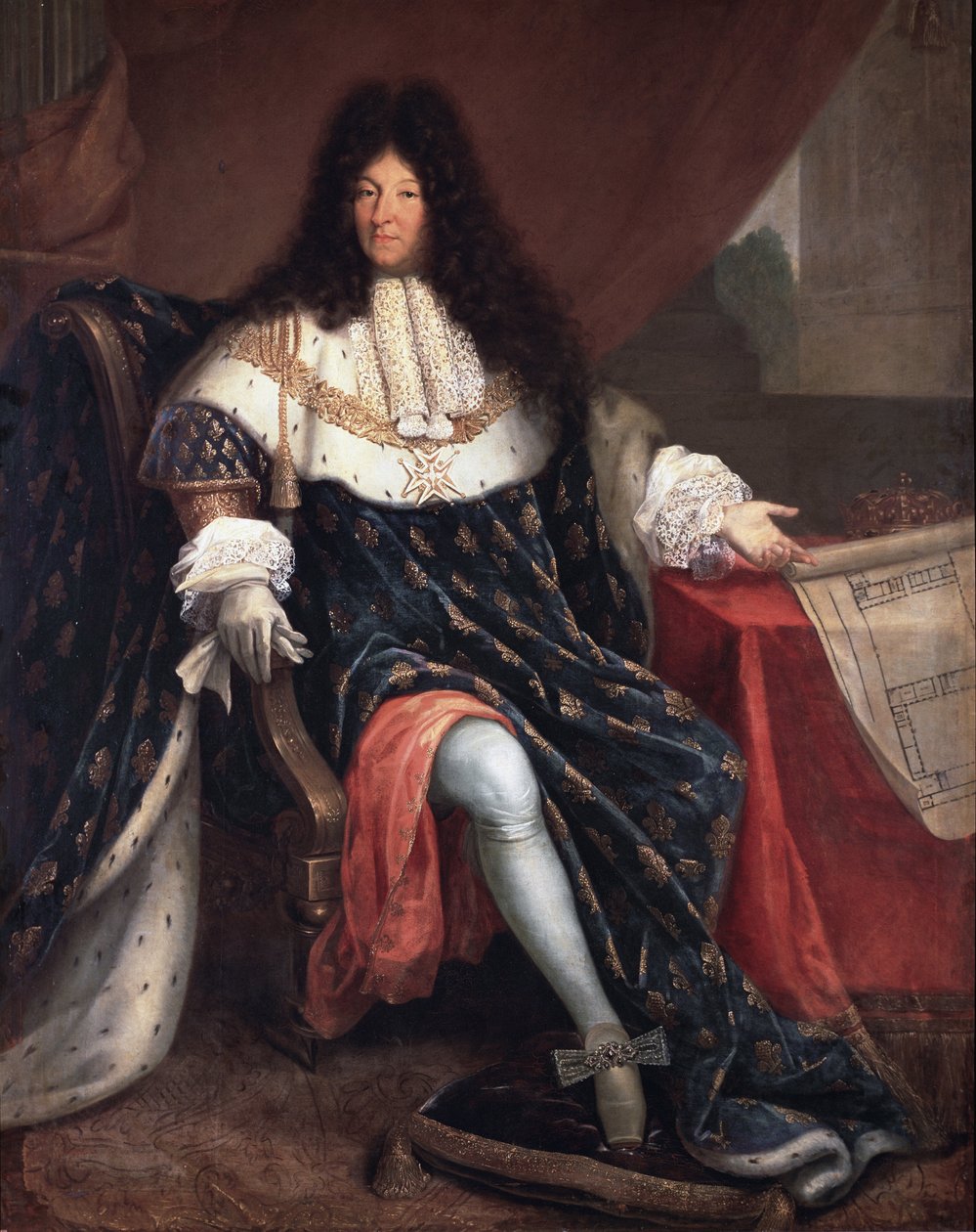 XIV. Lajos portréja, aki a Szent Cyr királyi ház tervét tartja (olaj, vászon alkotó: Nicolas Rene Jollain