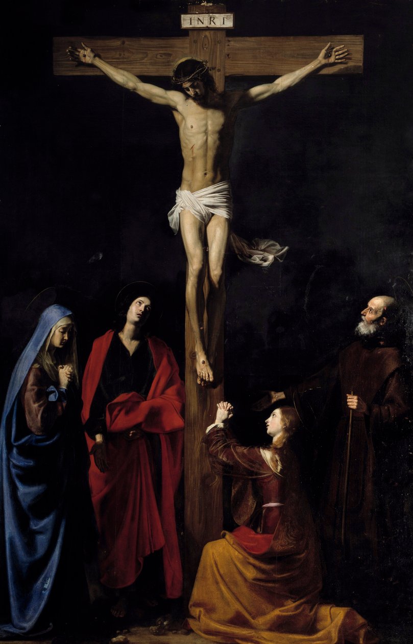 Krisztus a kereszten, a Szűzanya, a Madeleine, Szent János és Pál Szent Vince „” INRI”” felirat a kereszten. Nicolas Tournier (1590-1657) festménye alkotó: Nicolas Tournier