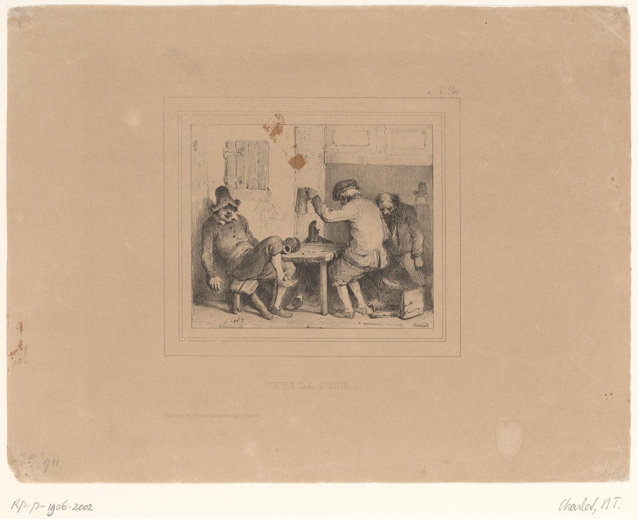 Három részeg paraszt egy kocsmában Vive la joie (cím a tárgyon) Sketches 1837 (sorozat címe) Charlet Croquis 1837 (sorozat címe) alkotó: Nicolas Toussaint Charlet