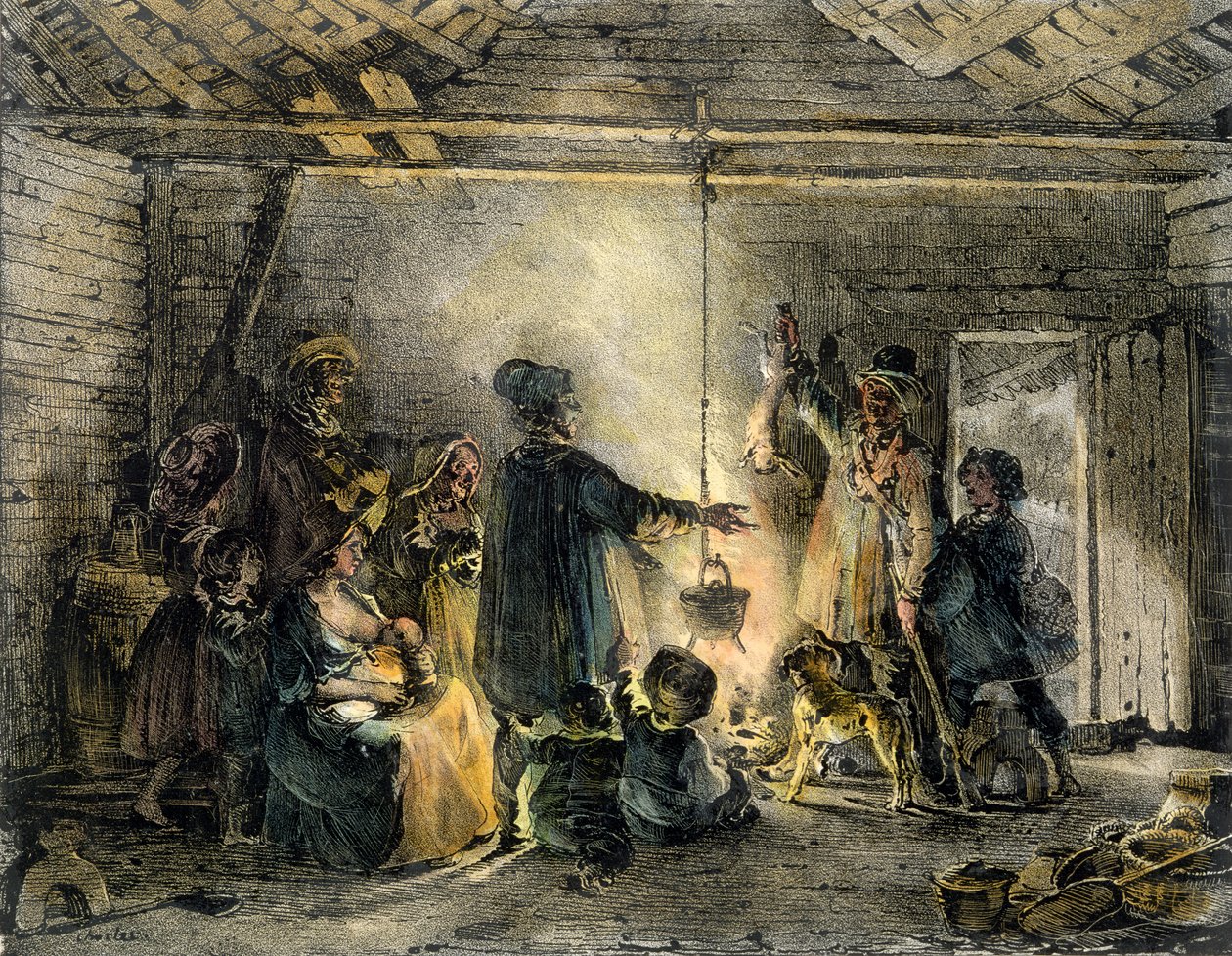 Egy szénbányász kunyhó belseje, metszett: Godefroy Engelmann (1788-1839) 1829 alkotó: Nicolas Toussaint Charlet