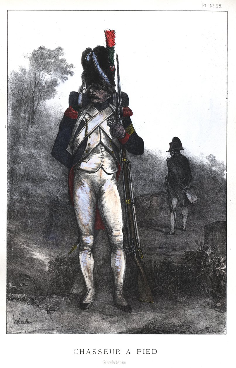 Napóleoni háborúk, francia hadsereg, a császári gárda gyalogos üldözője teljes ruhában, 1845 alkotó: Nicolas Toussaint Charlet