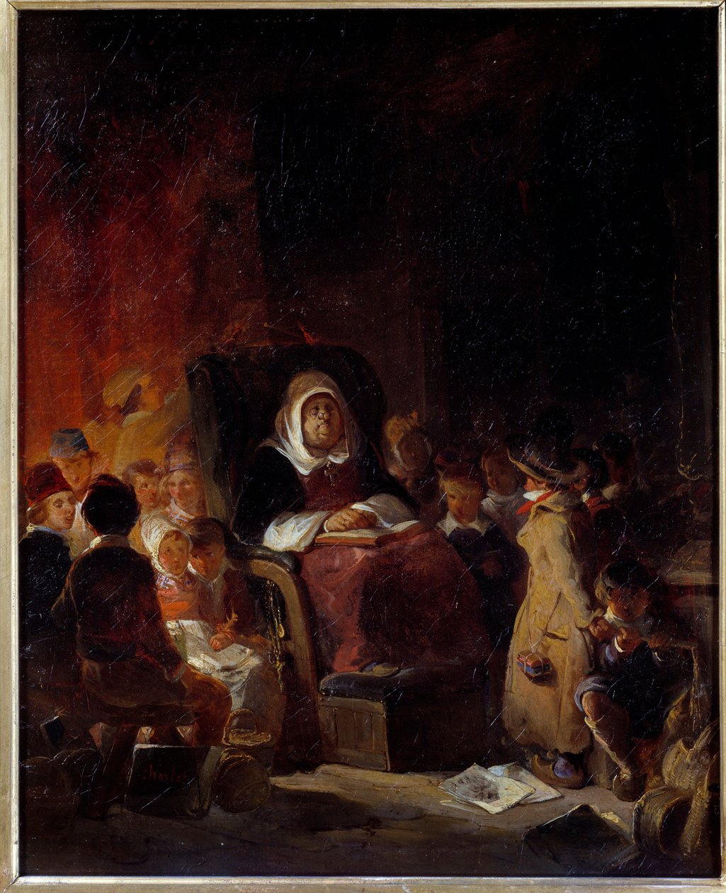 Az iskolai tanár Egy öreg tanár lovagol a diákok között. Nicolas Toussaint Charlet (1792-1845) festménye 19. század V. 0,46 x 0,37 m Rouen, Musee des Beaux Arts alkotó: Nicolas Toussaint Charlet