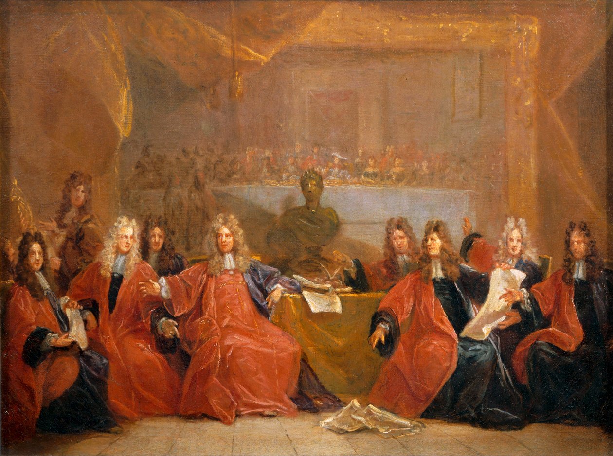A kereskedők és Párizs városának tanácsosai a XIV. Lajosnak felajánlott lakoma felajánlásáról tanácskoznak ... alkotó: Nicolas de (workshop) Largilliere