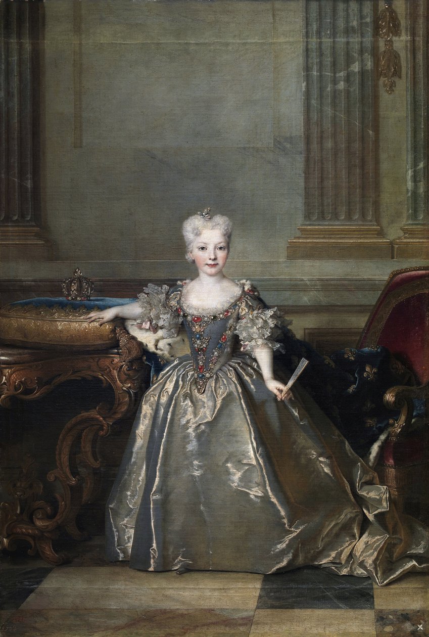 ""A csecsemő Marie-Anne-Victoire de Bourbon (Marie Anne Victoire) (1718-1781) portréja XV. Lajossal 1722-ben" (Infanta Mariana Victoria, Spanyolország) Nicolas de Largillière (1656-1746) festménye, Madrid 1724 , Museo del Prado alkotó: Nicolas de Largillière
