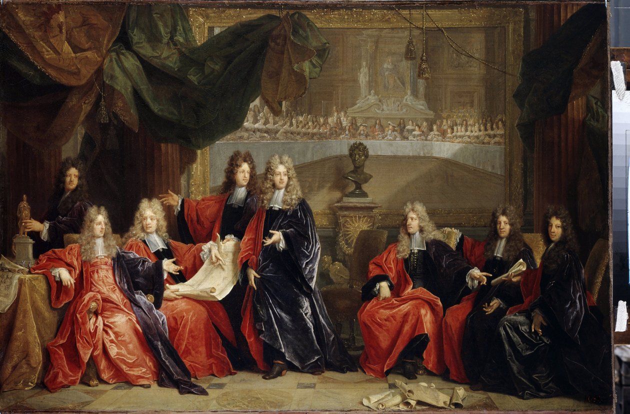Párizs város prépostjai és magisztrátusai a Napkirályként (1638-1715) ismert XIV. Lajos király ünnepi vacsorájáról tárgyalva a Hôtel de ville-ben az 1687-es restaurálása után (Párizsi prépost és városi bírák tárgyalják Lou ünnepét alkotó: Nicolas de Largillière
