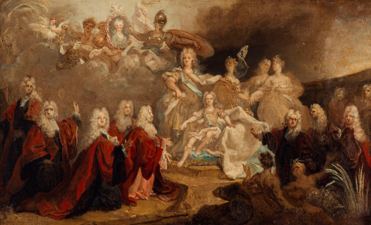 Vázlat a Párizs városa által megrendelt allegorikus festményről XV. Lajos és a spanyol Marie Anne Victoire eljegyzésére alkotó: Nicolas de Largillière