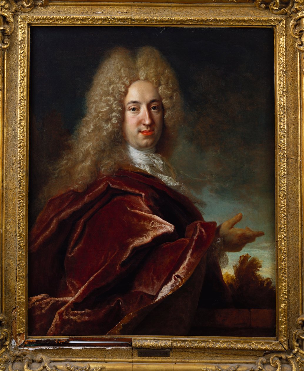 Egy úriember portréja, hosszú parókát, csipke jabotot és bordó köpenyt visel alkotó: Nicolas de Largillière