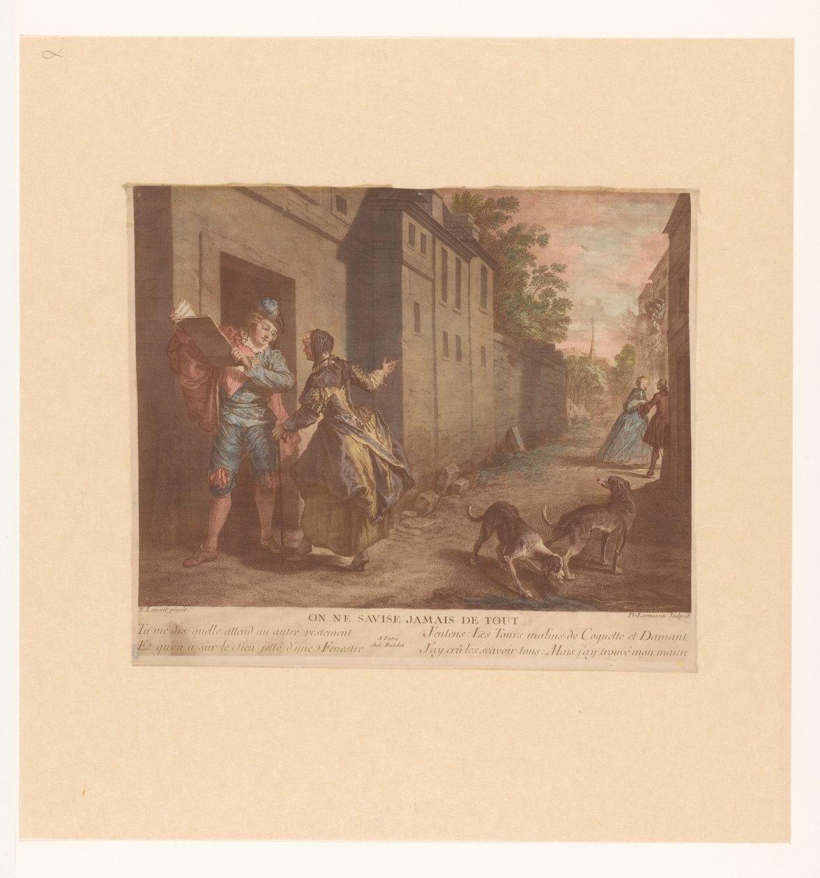 Straat Gezicht met man met boek Vagy soha ne gondolj mindenre (cím a tárgyon) Fabels van Jean de La Fontaine (sorozat címe) La Fontaine meséihez készült új nyomatok sorozata (sorozat címe) alkotó: Nicolas de Larmessin (III)
