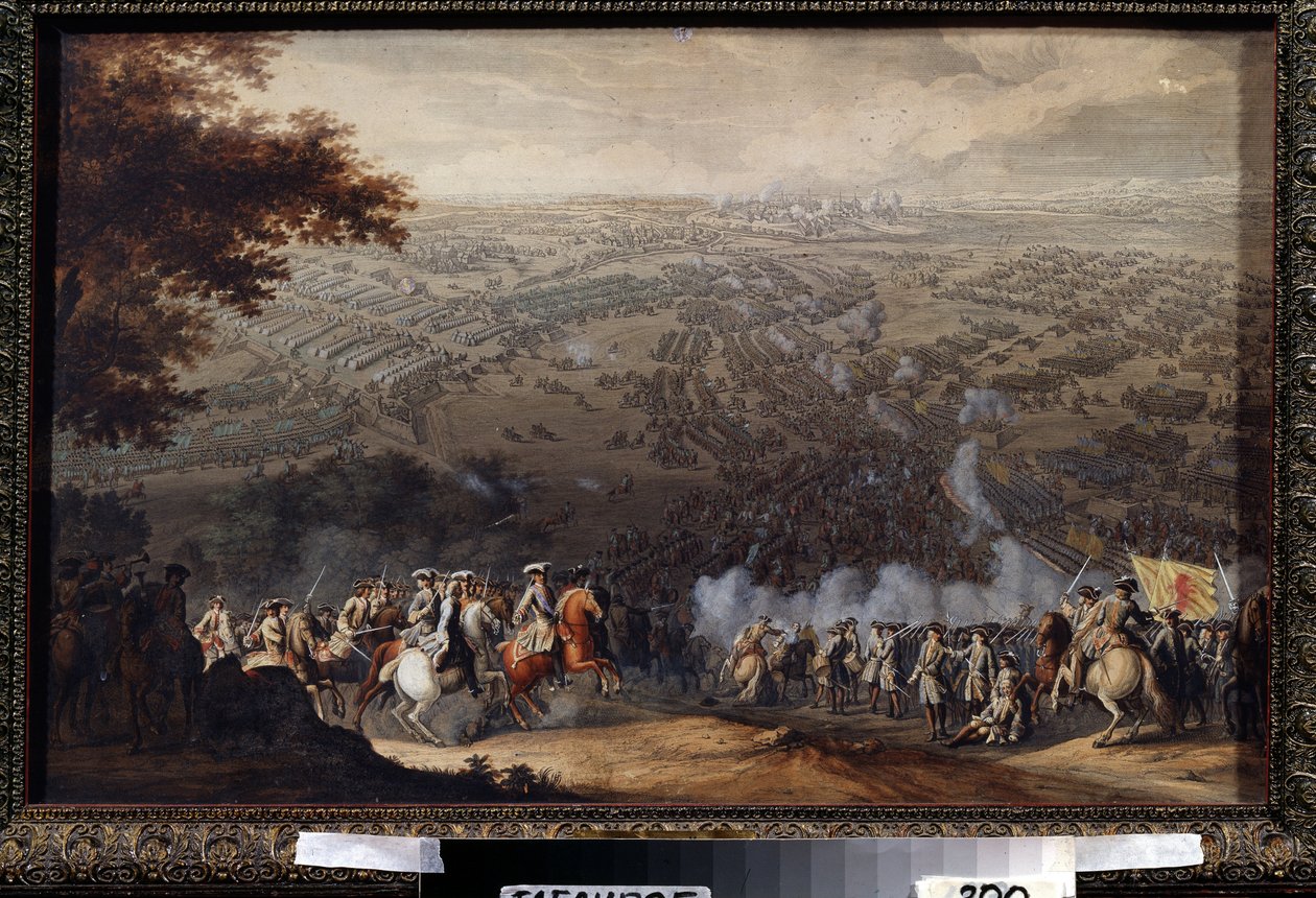 A poltavai csata 1709. június 27-én. Az ütközetben XII. Károly svéd király svéd hadserege állt szemben Nagy Péter orosz cár seregével a Nagy Északi Háború (1700-1721) során. Nico festménye alkotó: Nicolas de Larmessin